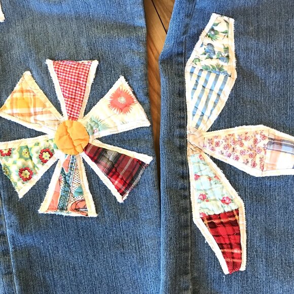 Vintage Quilt Patchwork Jeans, 10P: Upcycled Hippie Pants, Boho Festival Wear - Picture 4 of 8